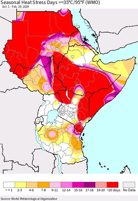 Eastern Africa Seasonal Heat Stress Days >=35°C/95°F (WMO) Thematic Map For 10/1/2023 - 2/29/2024