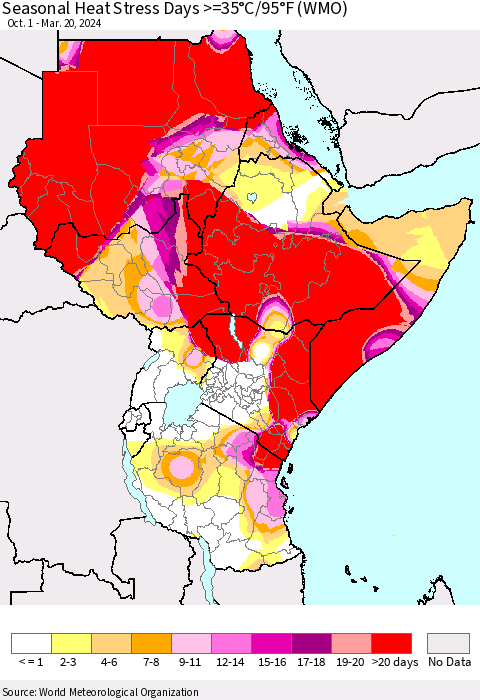 Eastern Africa Seasonal Heat Stress Days >=35°C/95°F (WMO) Thematic Map For 10/1/2023 - 3/20/2024