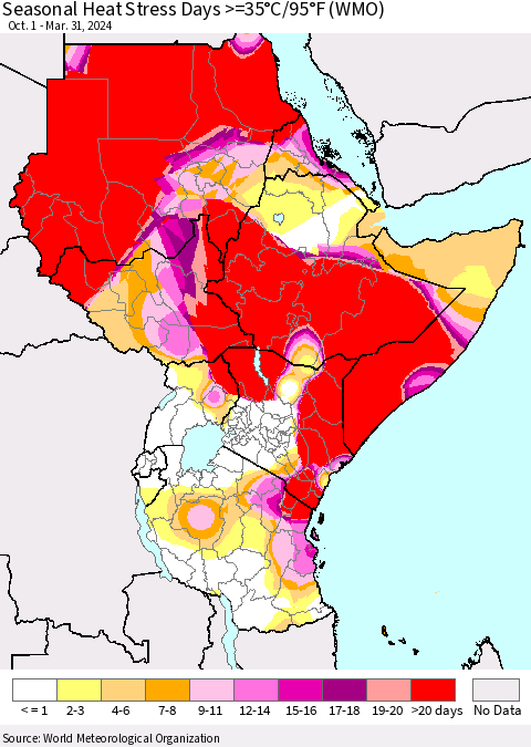 Eastern Africa Seasonal Heat Stress Days >=35°C/95°F (WMO) Thematic Map For 10/1/2023 - 3/31/2024