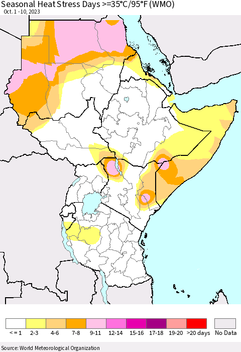 Eastern Africa Seasonal Heat Stress Days >=35°C/95°F (WMO) Thematic Map For 10/1/2023 - 10/10/2023