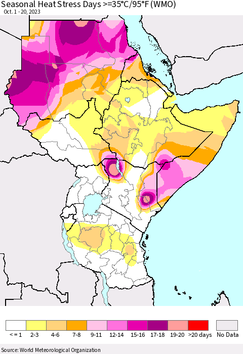 Eastern Africa Seasonal Heat Stress Days >=35°C/95°F (WMO) Thematic Map For 10/1/2023 - 10/20/2023