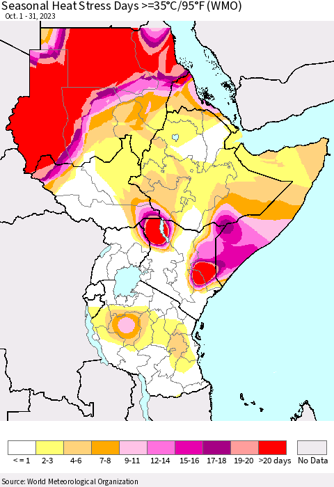 Eastern Africa Seasonal Heat Stress Days >=35°C/95°F (WMO) Thematic Map For 10/1/2023 - 10/31/2023