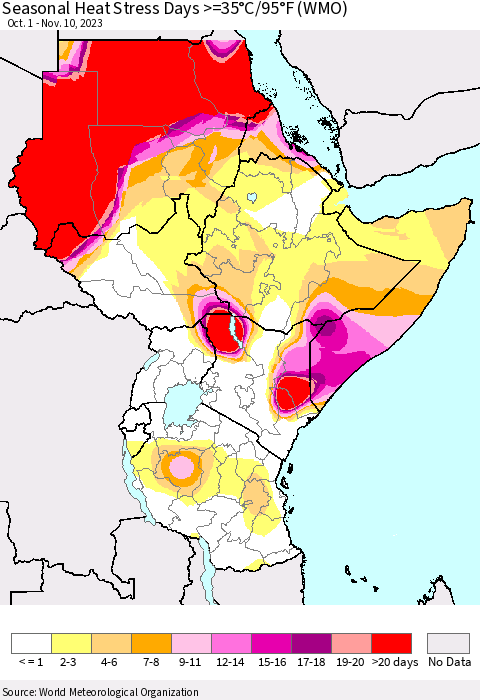 Eastern Africa Seasonal Heat Stress Days >=35°C/95°F (WMO) Thematic Map For 10/1/2023 - 11/10/2023