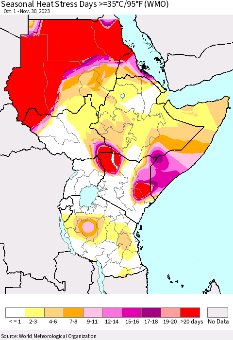 Eastern Africa Seasonal Heat Stress Days >=35°C/95°F (WMO) Thematic Map For 10/1/2023 - 11/30/2023