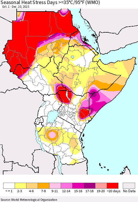 Eastern Africa Seasonal Heat Stress Days >=35°C/95°F (WMO) Thematic Map For 10/1/2023 - 12/10/2023