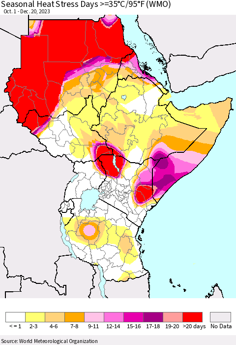 Eastern Africa Seasonal Heat Stress Days >=35°C/95°F (WMO) Thematic Map For 10/1/2023 - 12/20/2023