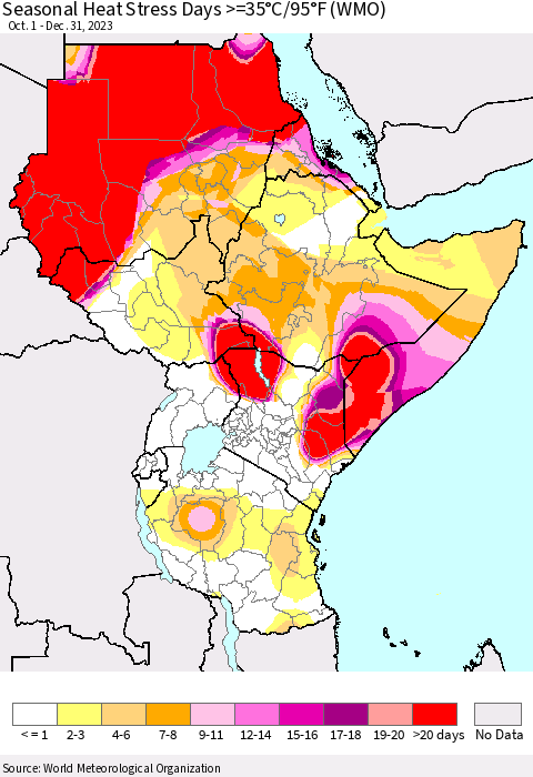 Eastern Africa Seasonal Heat Stress Days >=35°C/95°F (WMO) Thematic Map For 10/1/2023 - 12/31/2023