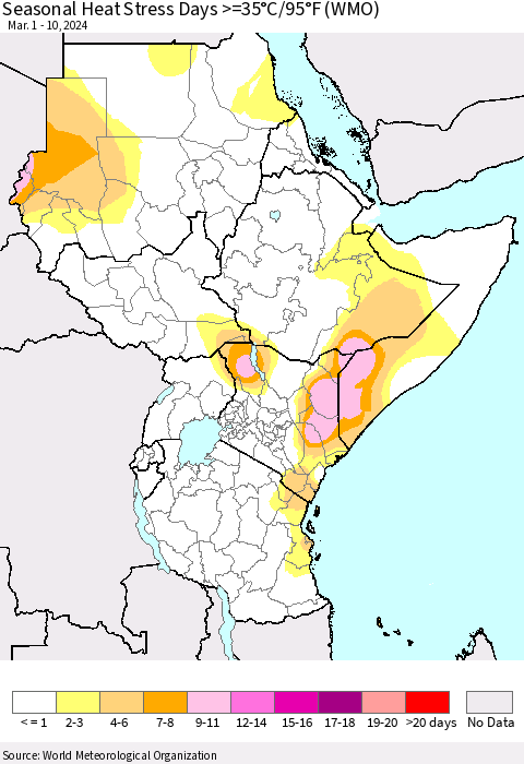 Eastern Africa Seasonal Heat Stress Days >=35°C/95°F (WMO) Thematic Map For 3/1/2024 - 3/10/2024