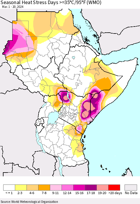 Eastern Africa Seasonal Heat Stress Days >=35°C/95°F (WMO) Thematic Map For 3/1/2024 - 3/20/2024