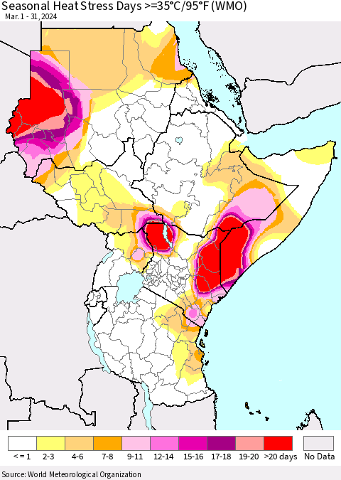 Eastern Africa Seasonal Heat Stress Days >=35°C/95°F (WMO) Thematic Map For 3/1/2024 - 3/31/2024