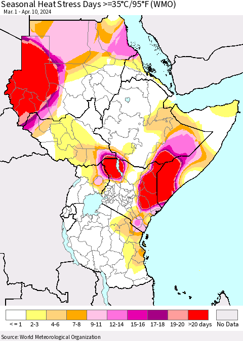 Eastern Africa Seasonal Heat Stress Days >=35°C/95°F (WMO) Thematic Map For 3/1/2024 - 4/10/2024