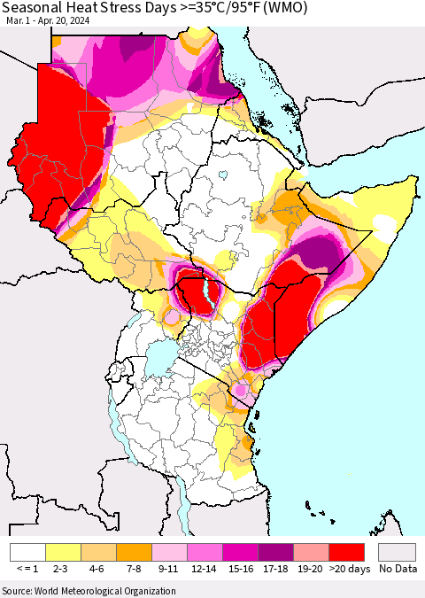 Eastern Africa Seasonal Heat Stress Days >=35°C/95°F (WMO) Thematic Map For 3/1/2024 - 4/20/2024