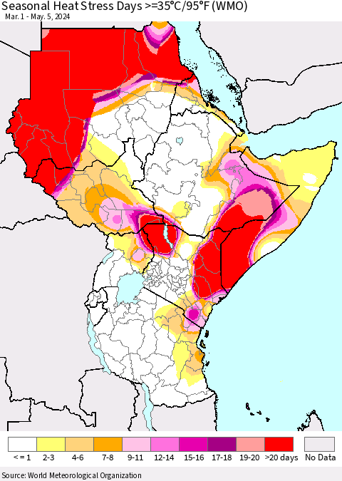 Eastern Africa Seasonal Heat Stress Days >=35°C/95°F (WMO) Thematic Map For 3/1/2024 - 5/5/2024