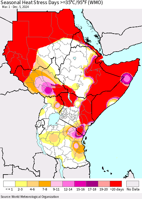 Eastern Africa Seasonal Heat Stress Days >=35°C/95°F (WMO) Thematic Map For 3/1/2024 - 12/5/2024