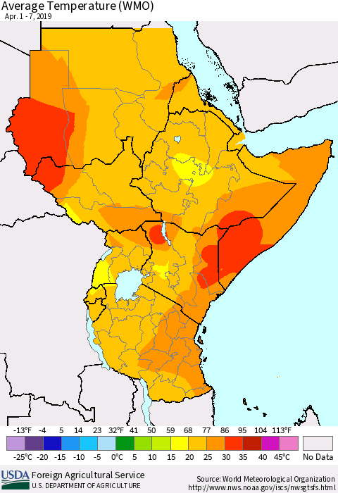 Eastern Africa Average Temperature (WMO) Thematic Map For 4/1/2019 - 4/7/2019