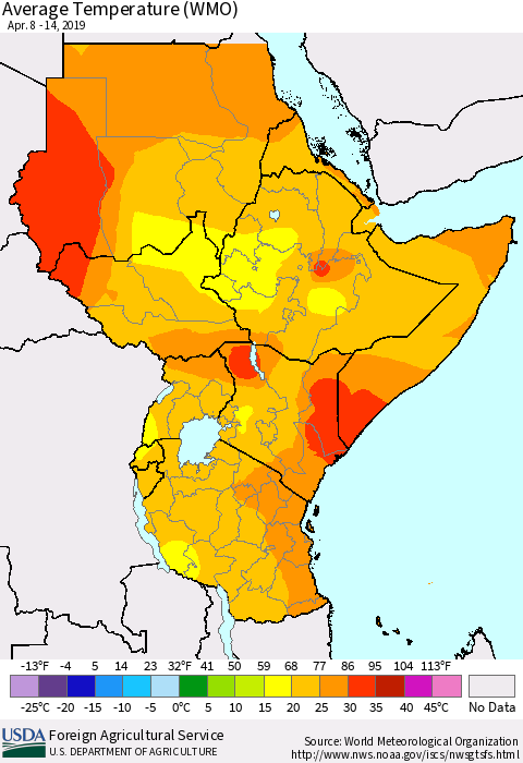Eastern Africa Average Temperature (WMO) Thematic Map For 4/8/2019 - 4/14/2019