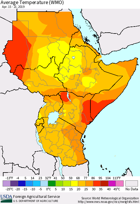 Eastern Africa Average Temperature (WMO) Thematic Map For 4/15/2019 - 4/21/2019