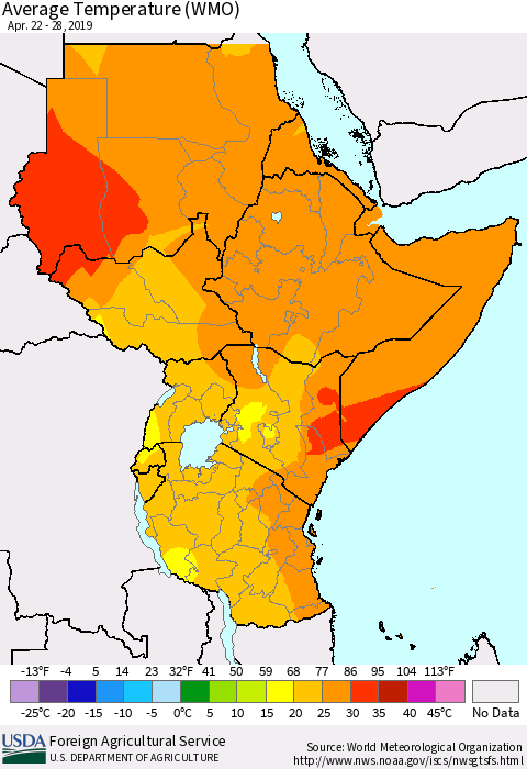Eastern Africa Average Temperature (WMO) Thematic Map For 4/22/2019 - 4/28/2019