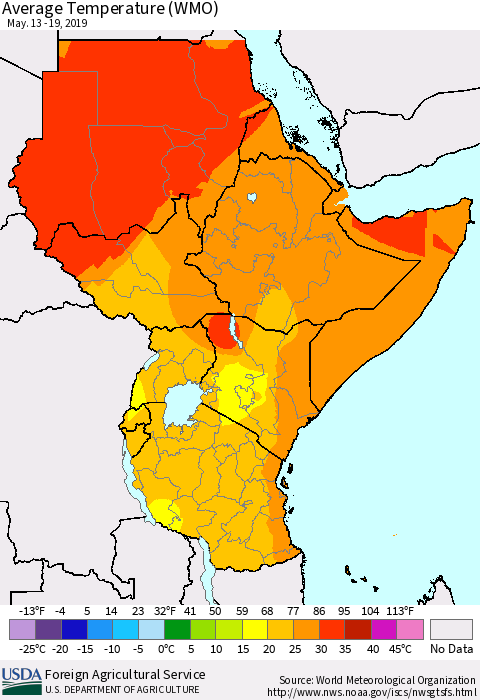 Eastern Africa Average Temperature (WMO) Thematic Map For 5/13/2019 - 5/19/2019