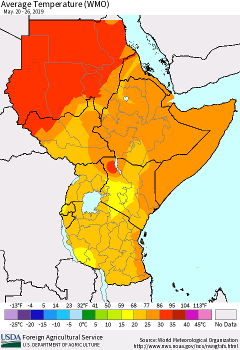 Eastern Africa Average Temperature (WMO) Thematic Map For 5/20/2019 - 5/26/2019