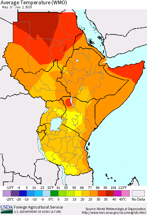 Eastern Africa Average Temperature (WMO) Thematic Map For 5/27/2019 - 6/2/2019