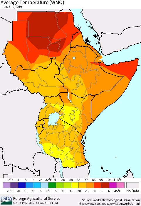 Eastern Africa Average Temperature (WMO) Thematic Map For 6/3/2019 - 6/9/2019