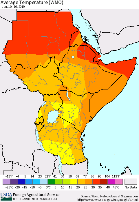 Eastern Africa Average Temperature (WMO) Thematic Map For 6/10/2019 - 6/16/2019