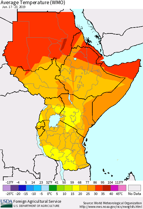 Eastern Africa Average Temperature (WMO) Thematic Map For 6/17/2019 - 6/23/2019