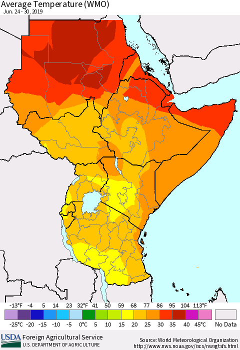 Eastern Africa Average Temperature (WMO) Thematic Map For 6/24/2019 - 6/30/2019
