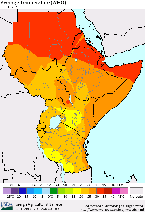 Eastern Africa Average Temperature (WMO) Thematic Map For 7/1/2019 - 7/7/2019