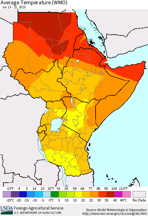 Eastern Africa Average Temperature (WMO) Thematic Map For 7/15/2019 - 7/21/2019