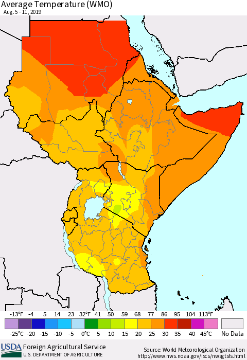 Eastern Africa Average Temperature (WMO) Thematic Map For 8/5/2019 - 8/11/2019