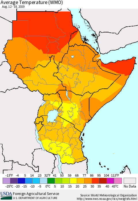 Eastern Africa Average Temperature (WMO) Thematic Map For 8/12/2019 - 8/18/2019