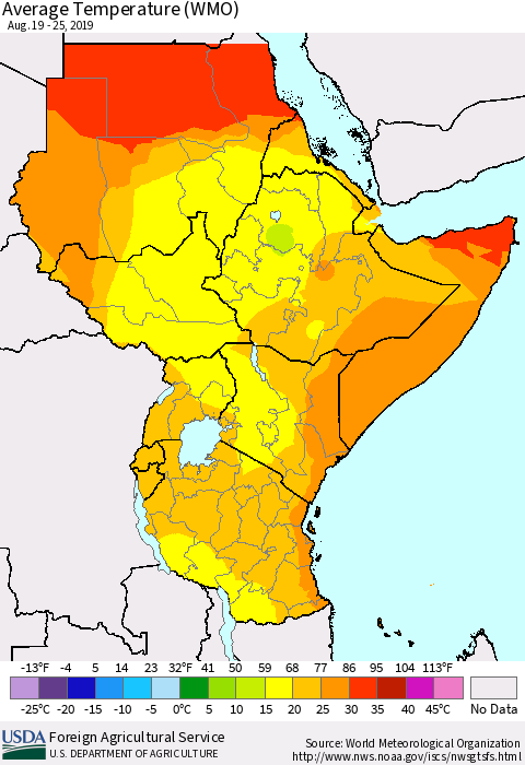 Eastern Africa Average Temperature (WMO) Thematic Map For 8/19/2019 - 8/25/2019