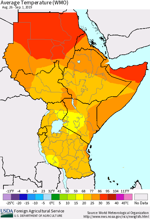 Eastern Africa Average Temperature (WMO) Thematic Map For 8/26/2019 - 9/1/2019