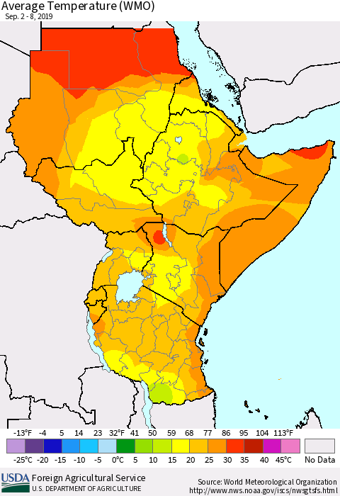 Eastern Africa Average Temperature (WMO) Thematic Map For 9/2/2019 - 9/8/2019
