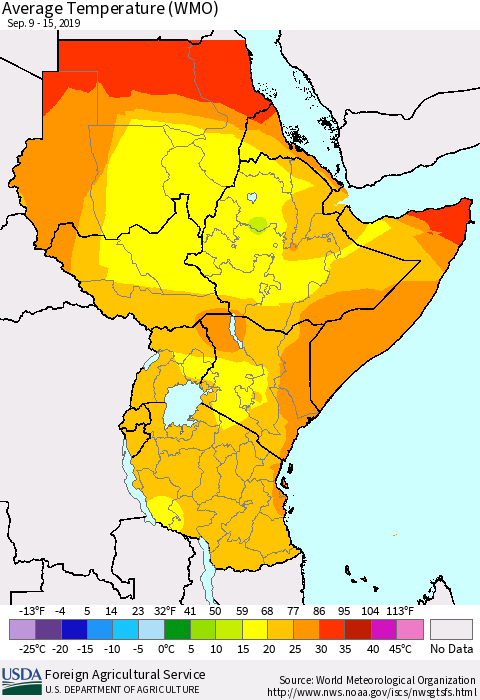 Eastern Africa Average Temperature (WMO) Thematic Map For 9/9/2019 - 9/15/2019