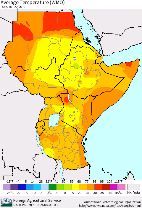 Eastern Africa Average Temperature (WMO) Thematic Map For 9/16/2019 - 9/22/2019