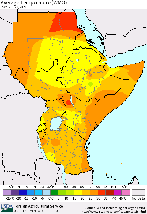 Eastern Africa Average Temperature (WMO) Thematic Map For 9/23/2019 - 9/29/2019