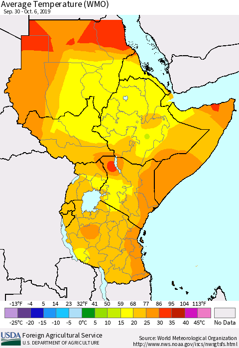 Eastern Africa Average Temperature (WMO) Thematic Map For 9/30/2019 - 10/6/2019