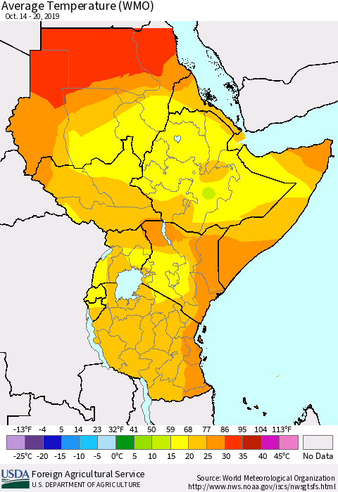Eastern Africa Average Temperature (WMO) Thematic Map For 10/14/2019 - 10/20/2019