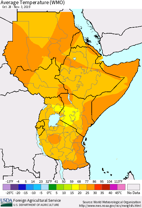 Eastern Africa Average Temperature (WMO) Thematic Map For 10/28/2019 - 11/3/2019