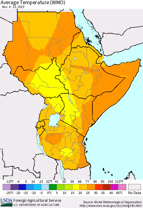 Eastern Africa Average Temperature (WMO) Thematic Map For 11/4/2019 - 11/10/2019