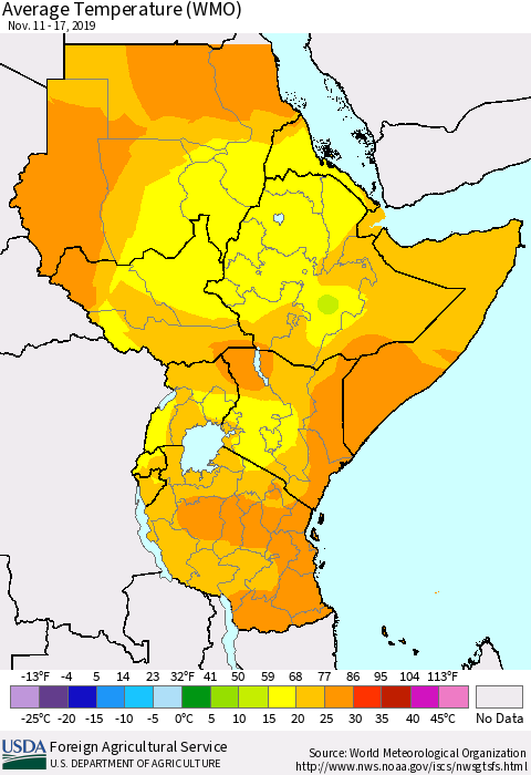 Eastern Africa Average Temperature (WMO) Thematic Map For 11/11/2019 - 11/17/2019