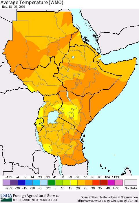 Eastern Africa Average Temperature (WMO) Thematic Map For 11/18/2019 - 11/24/2019