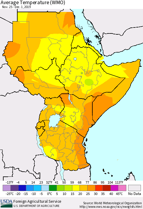 Eastern Africa Average Temperature (WMO) Thematic Map For 11/25/2019 - 12/1/2019