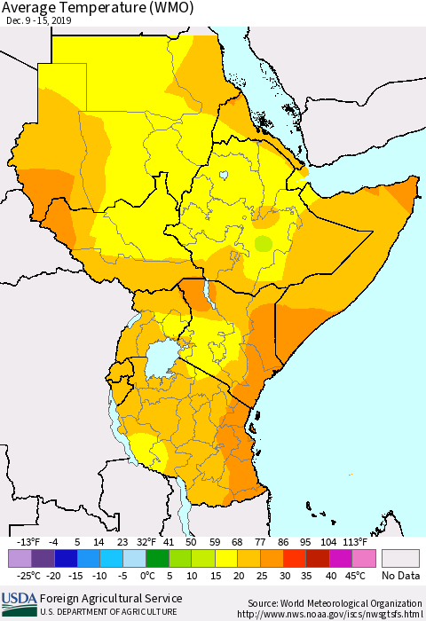 Eastern Africa Average Temperature (WMO) Thematic Map For 12/9/2019 - 12/15/2019