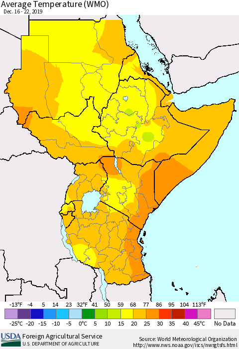 Eastern Africa Average Temperature (WMO) Thematic Map For 12/16/2019 - 12/22/2019