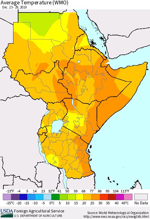 Eastern Africa Average Temperature (WMO) Thematic Map For 12/23/2019 - 12/29/2019