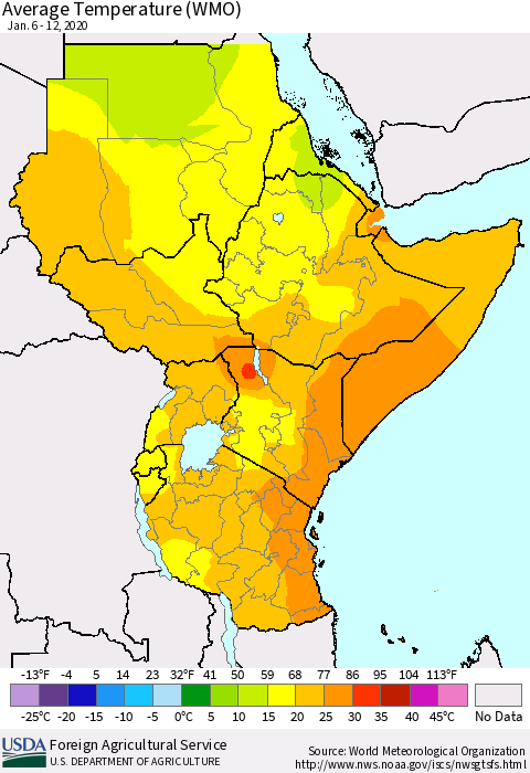 Eastern Africa Average Temperature (WMO) Thematic Map For 1/6/2020 - 1/12/2020